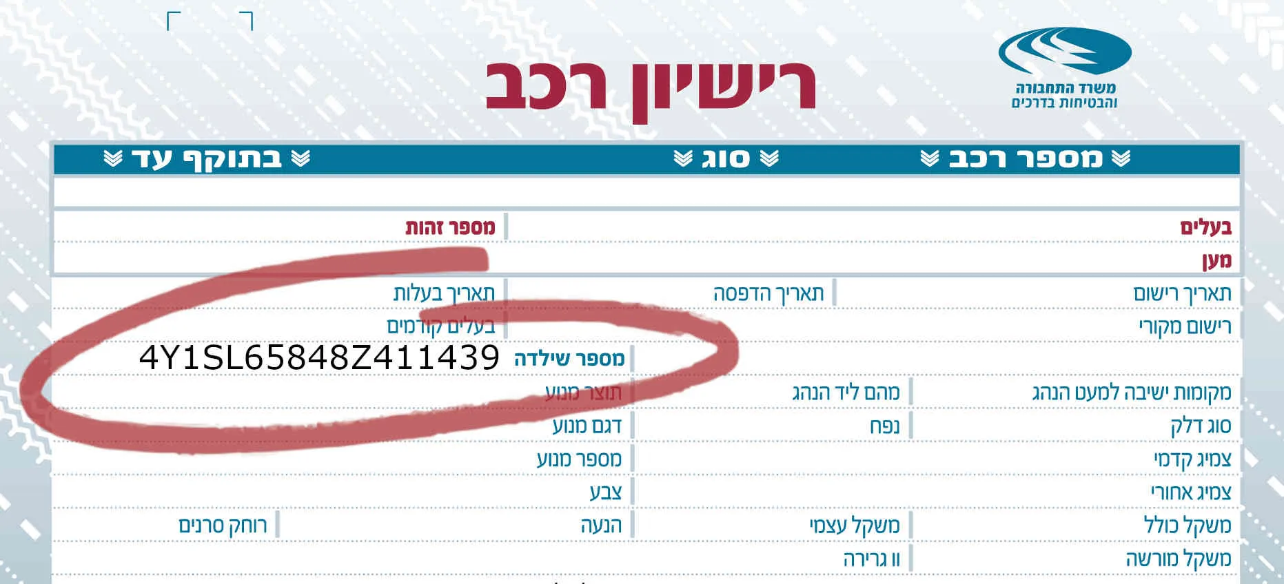 VIN ברישיון הרכב